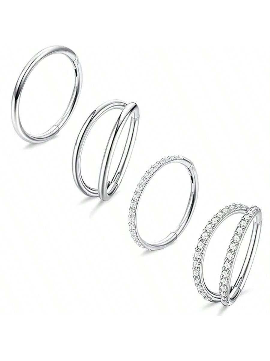 4PCS 316 Stainless Steel Huggie Hoop Set - Silver CZ Crystal Small Hoops for Women, Men Nose Ring Earrings Lip Piercing Jewelry