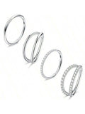 4PCS 316 Stainless Steel Huggie Hoop Set - Silver CZ Crystal Small Hoops for Women, Men Nose Ring Earrings Lip Piercing Jewelry