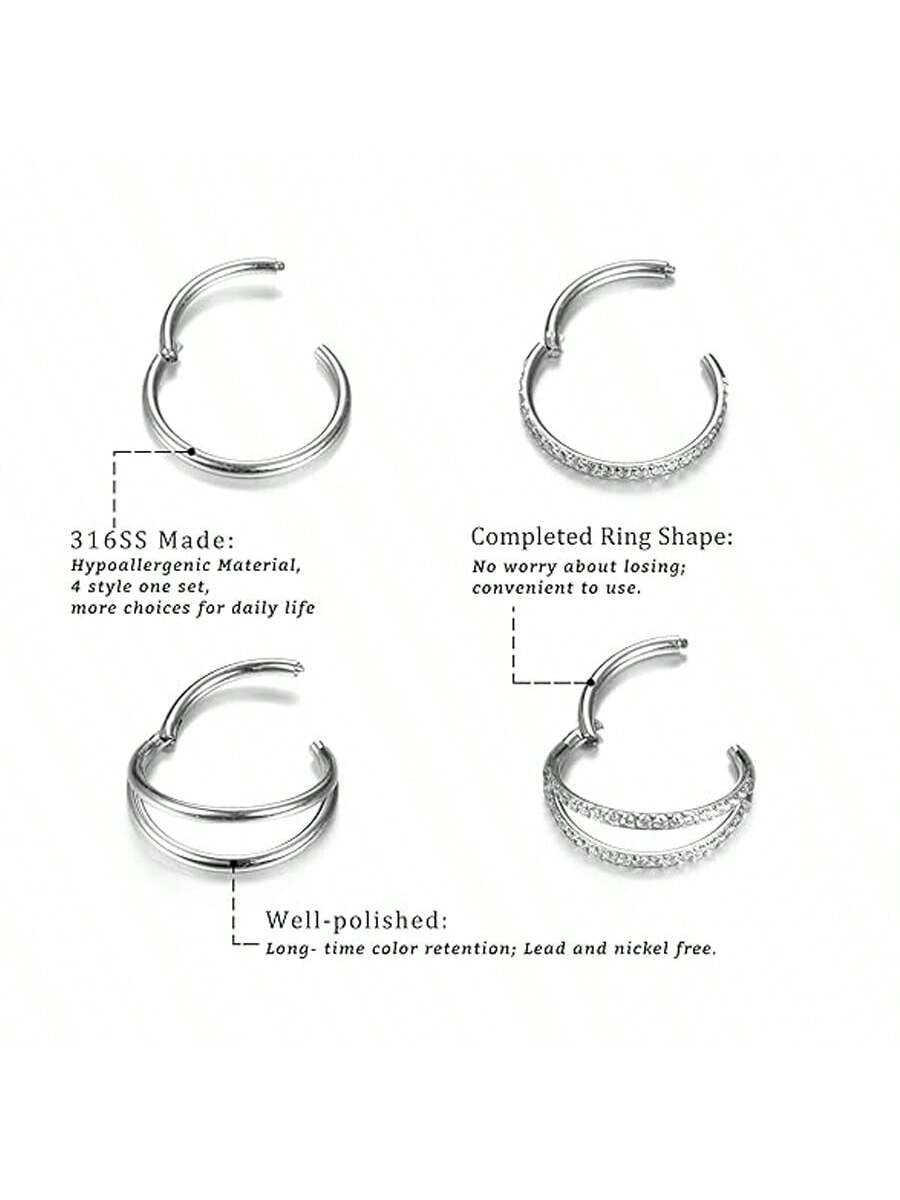 4PCS 316 Stainless Steel Huggie Hoop Set - Silver CZ Crystal Small Hoops for Women, Men Nose Ring Earrings Lip Piercing Jewelry