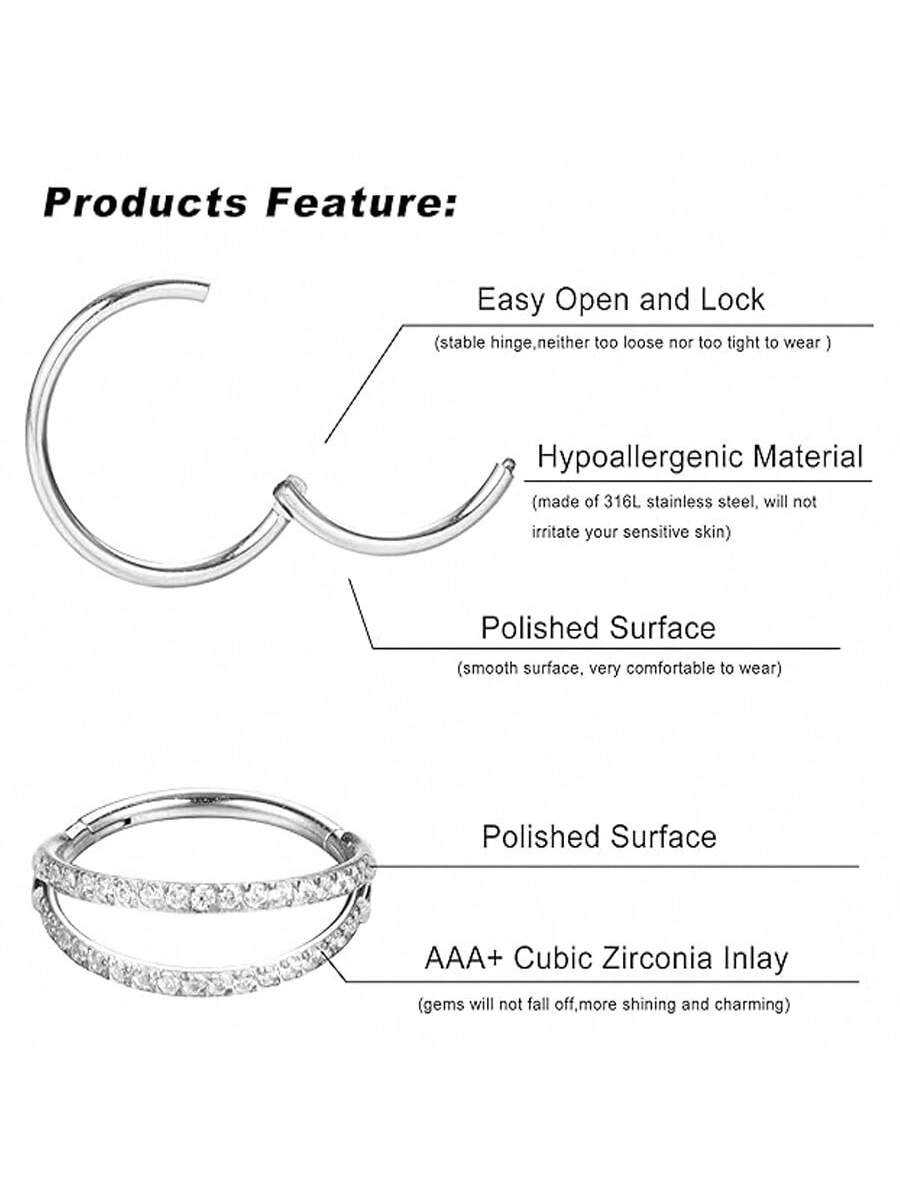 4PCS 316 Stainless Steel Huggie Hoop Set - Silver CZ Crystal Small Hoops for Women, Men Nose Ring Earrings Lip Piercing Jewelry