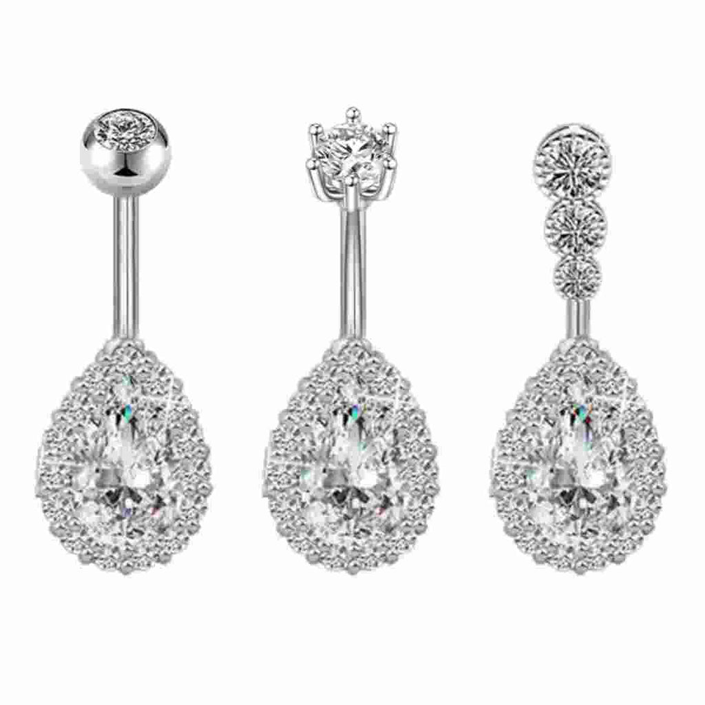 14G Belly Button Rings Set Surgical Steel Teardrop Zirconia Dangle Navel Jewelry | Gold Silver Pink 3-Pack