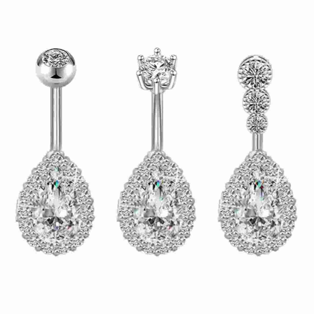 14G Belly Button Rings Set Surgical Steel Teardrop Zirconia Dangle Navel Jewelry | Gold Silver Pink 3-Pack