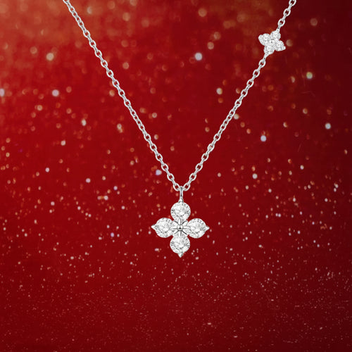 999 Sterling Silver CZ Four-Petal Flower Pendant Necklace