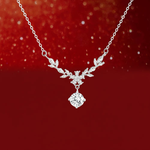 999 Sterling Silver CZ Wheat Leaf Pendant Necklace -Sparkling Drop, with Certificate